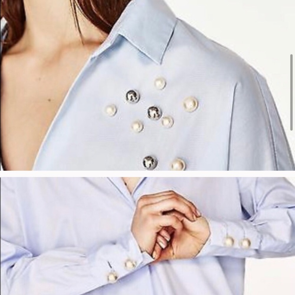ZARA BLUE TOP WITH PEARL DETAIL